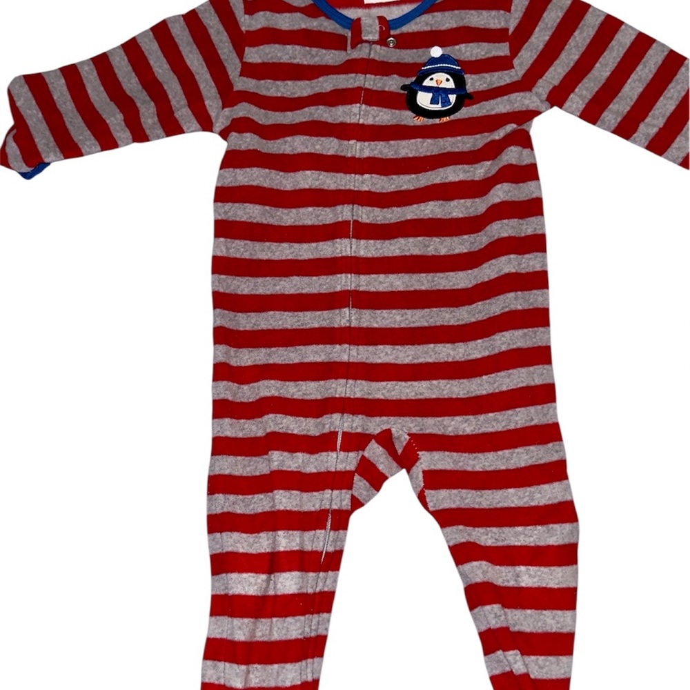 Cozy Red and Gray Striped Kids Footie with Penguin